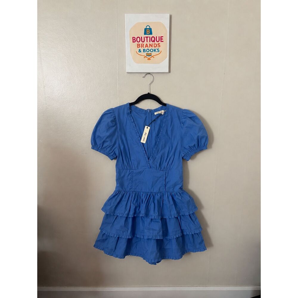 Day + Moon Blue Puff Sleeve Tiered Ruffle Romper Women’s Size M NWT